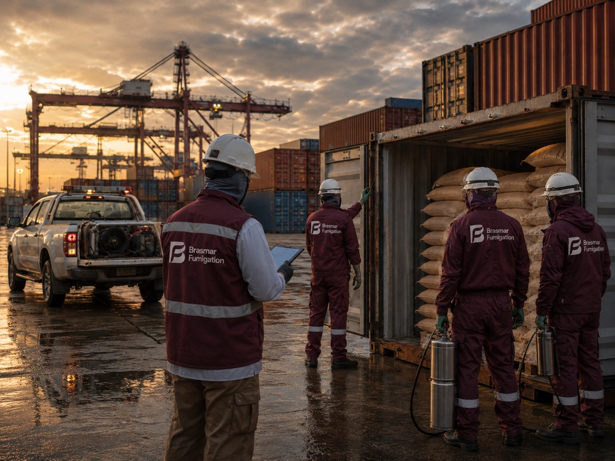 Brasmar team with a support vehicle in front of a container of bagged cargo at the terminal, at dusk