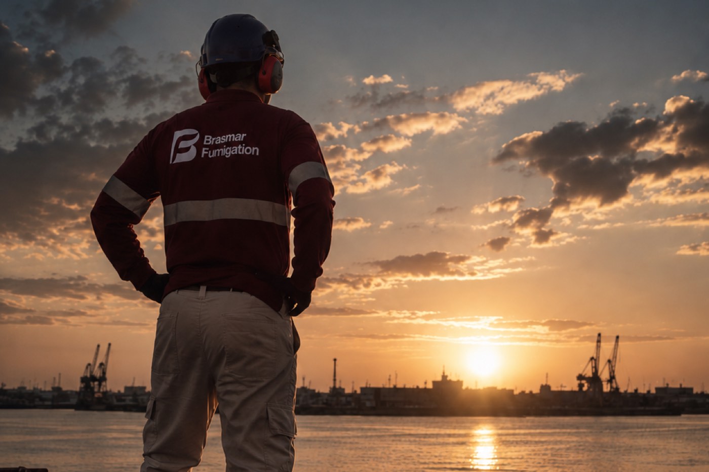 Brasmar operator in company uniform looking out over the Port of Santos at sunset