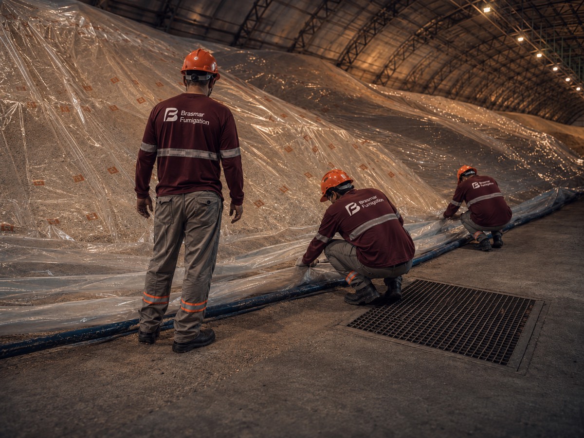 Brasmar team laying sheeting over a grain pile inside a warehouse