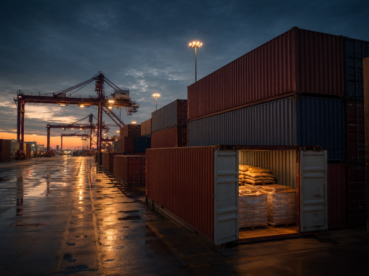 Container terminal at dusk, with an open container of bagged cargo