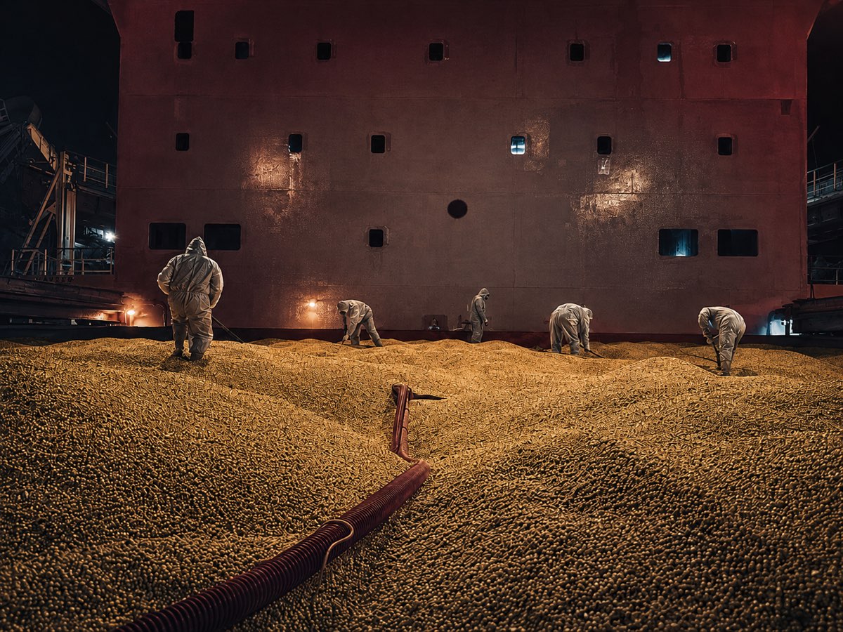 Brasmar team with the recirculation line run across the grain inside the ship hold