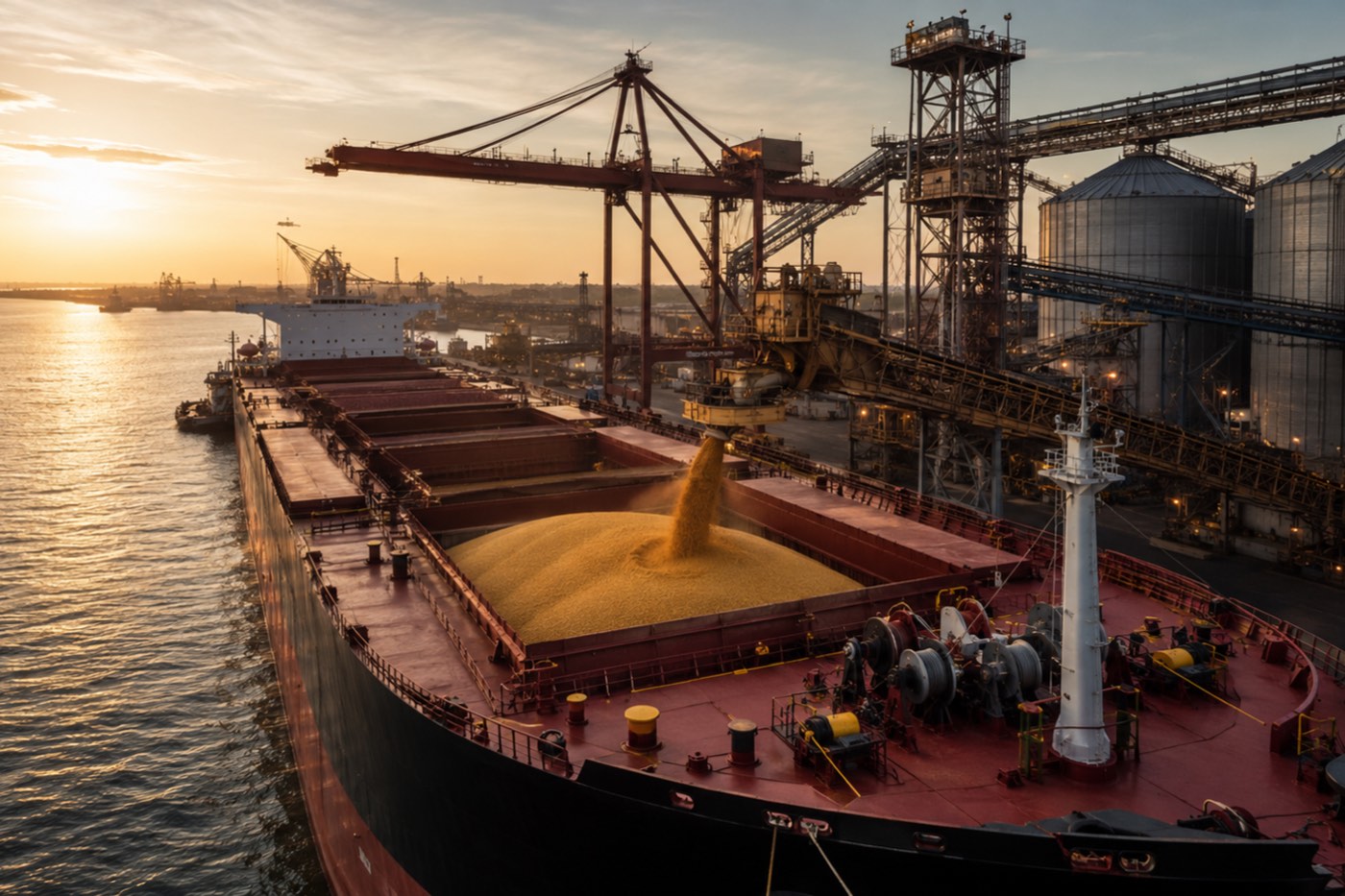 Bulk carrier being loaded with soybeans at the Port of Santos, with the silos behind, at sunset