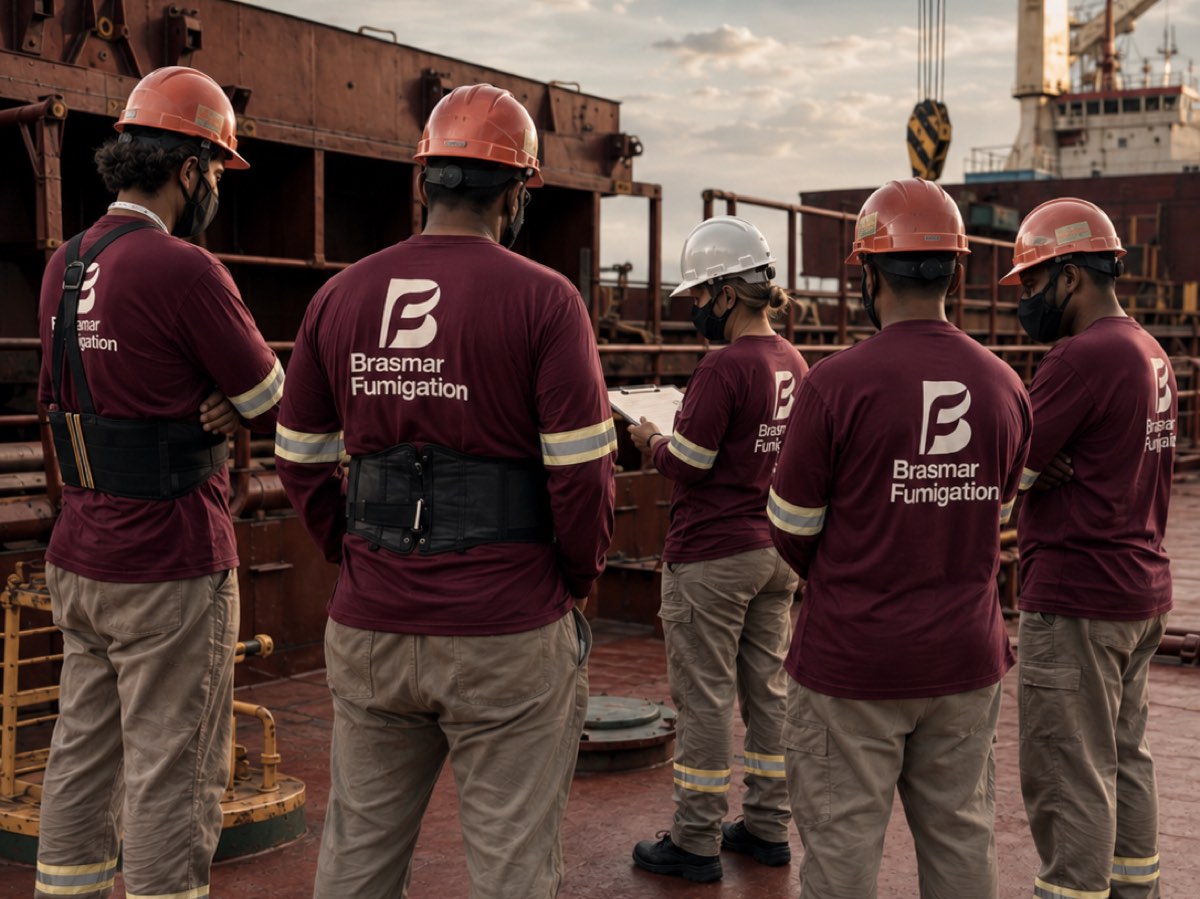 Brasmar technical team on the deck of a loaded bulk carrier, before treatment begins