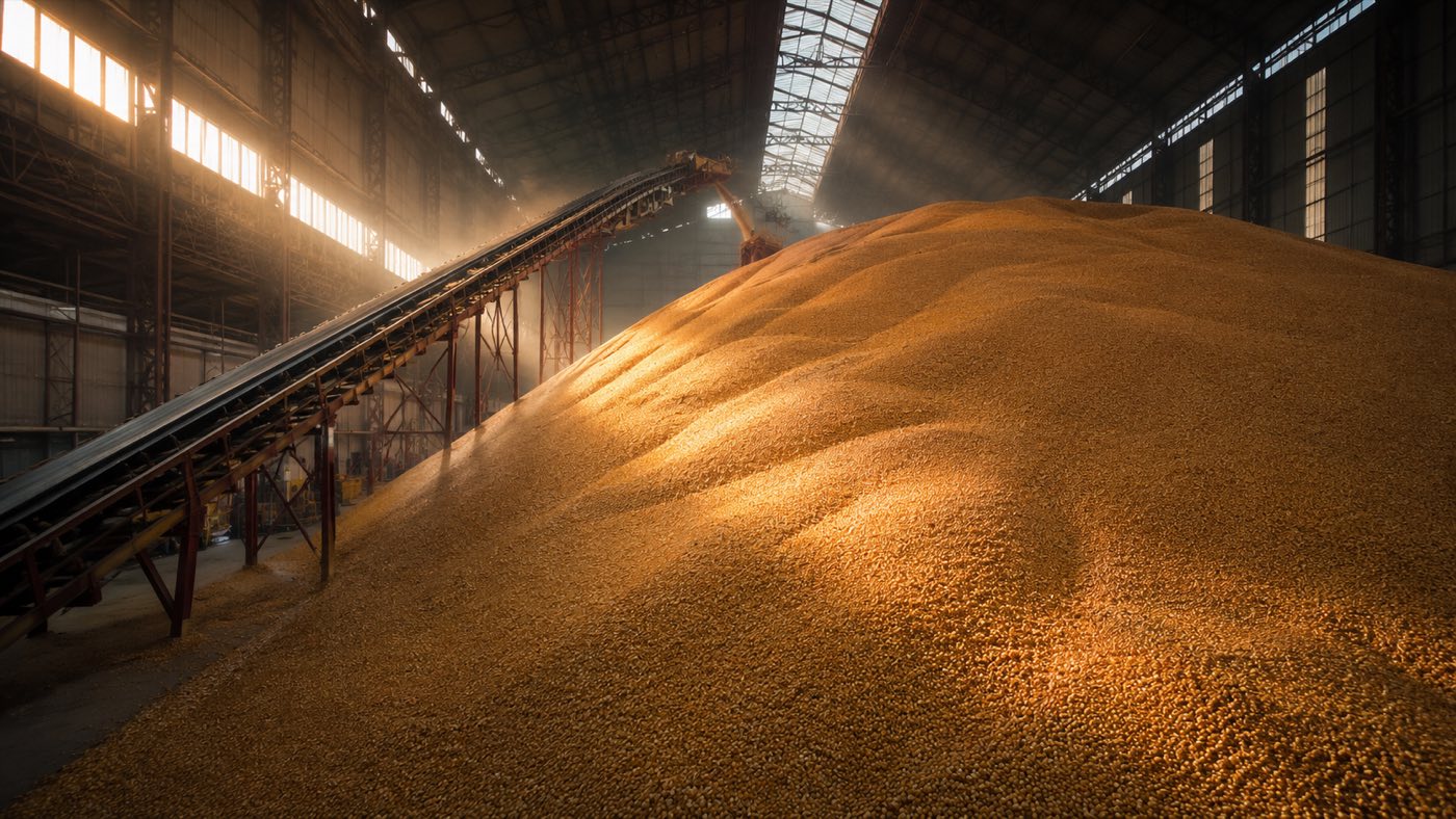 Interior of a grain warehouse holding a large volume of stored corn