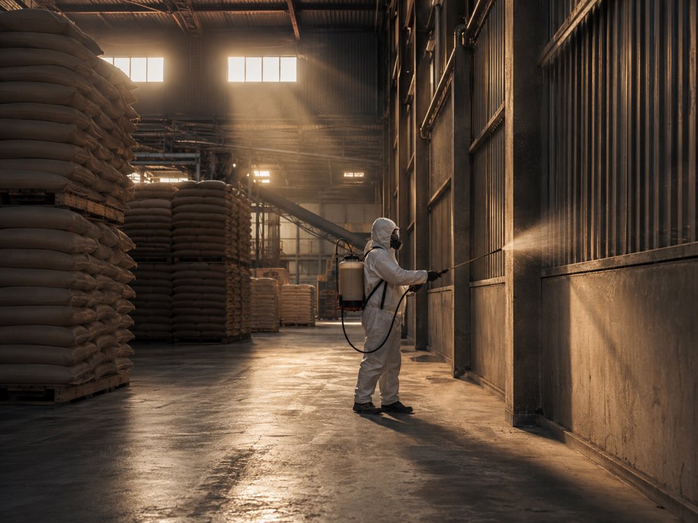 Technician applying treatment inside an agricultural commodity warehouse